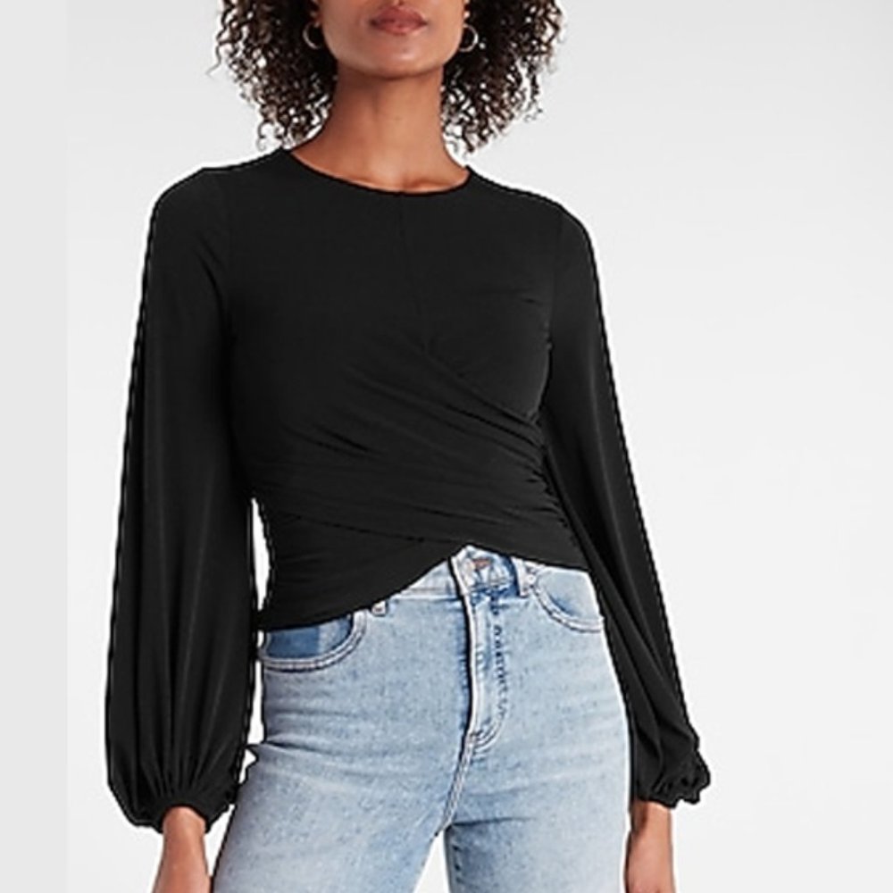 NWT- BLACK - EXPRESS - Twist Front Balloon Sleeve Top